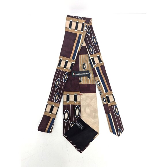 Conte di Milano Men Silk Necktie Burgundy Gold Geometric Standard 57 Inch - Picture 4 of 6